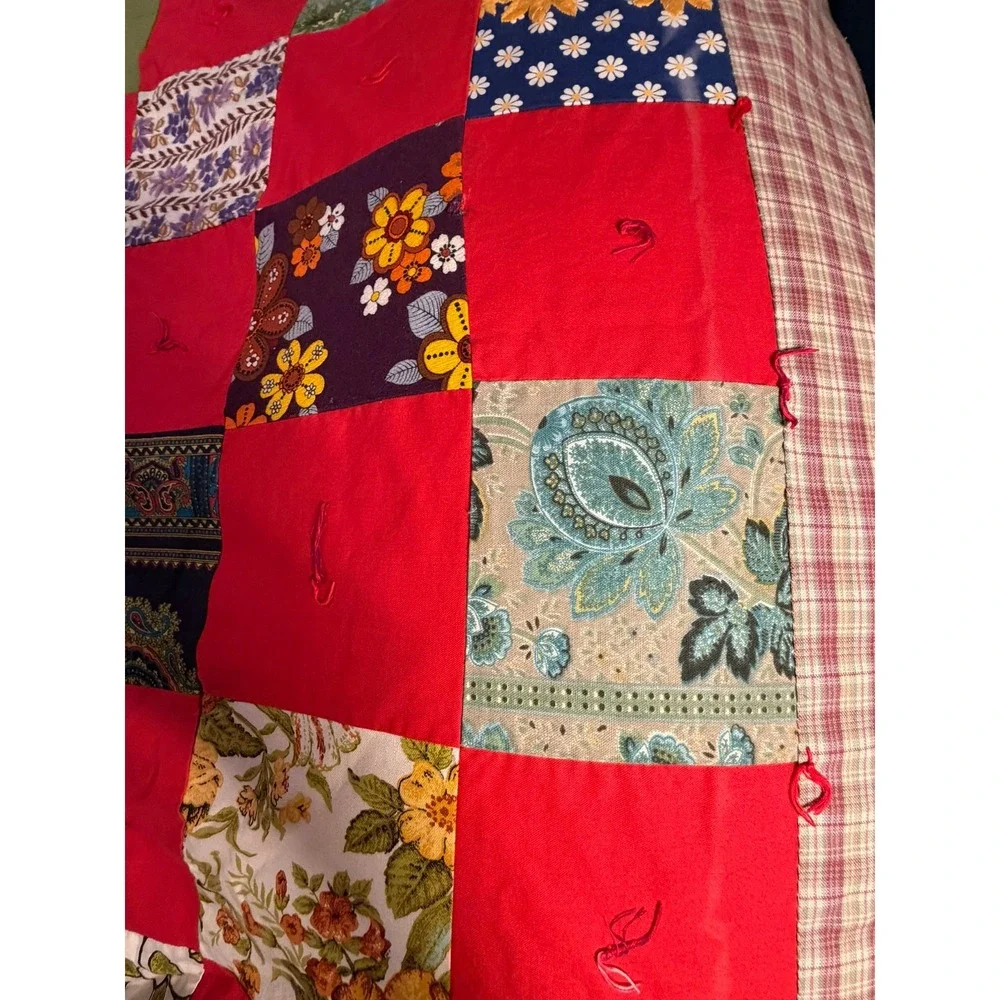 Vintage Handmade Patchwork Tied Quilt Red Floral Plaid Farmhouse Throw Blanket